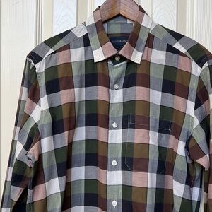 Scott Barber Men's Cotton Plaid Button-Down Shirt Green Brown Black Plaid Sz M